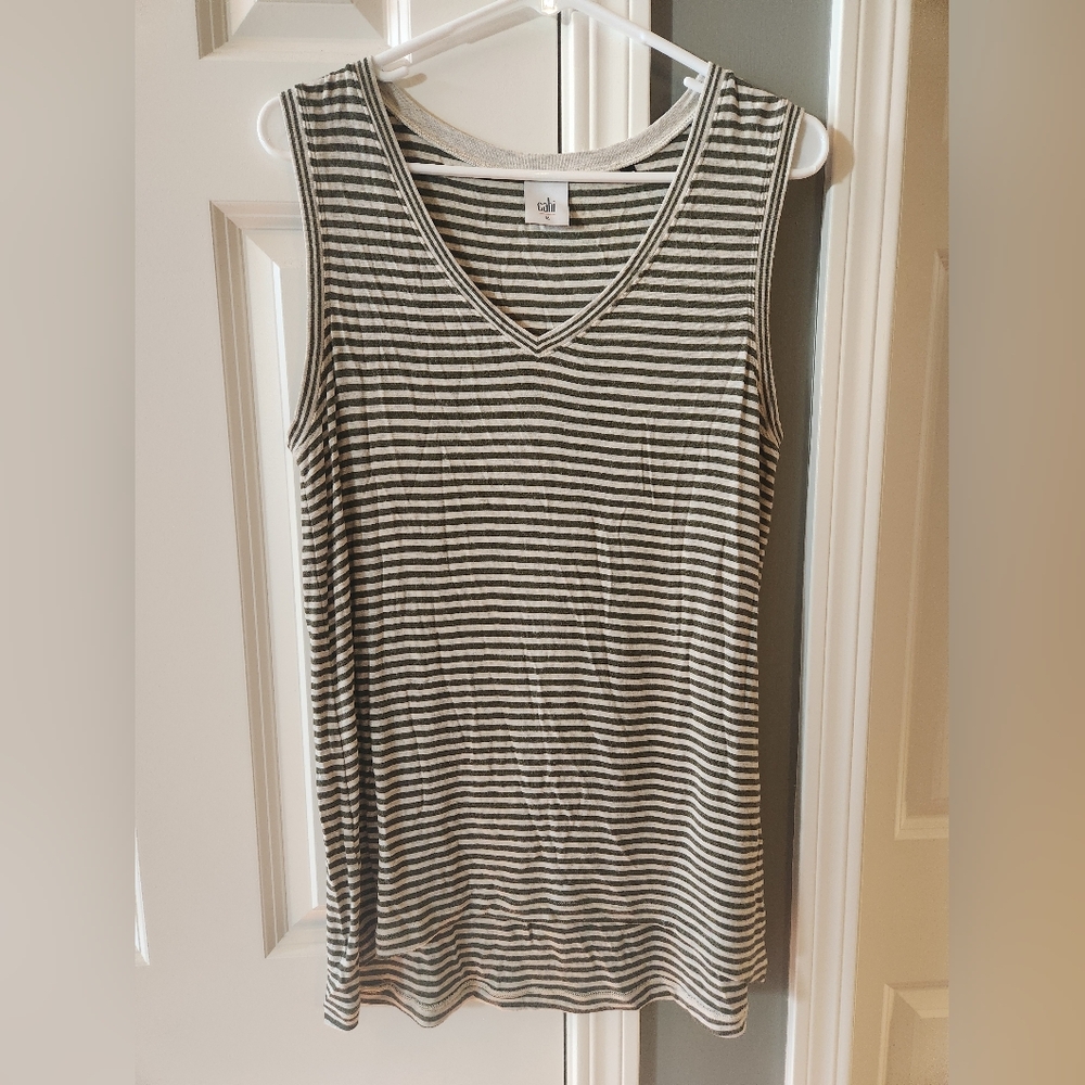 CAbi Olive/Gray and Cream Striped V-Neck Tank- Size Medium